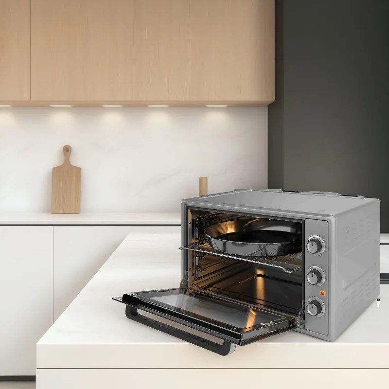 Втора ръка: Малка готварска печка Elite EMO-FL 65 2591, 2000W, 65 литра, 3 режима, Двойно стъкло, Термостат, Таймер, Турбо вентилатор, Сив