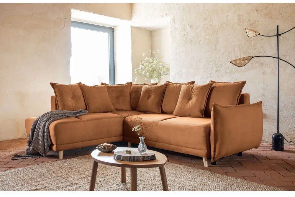 Разтегателен диван от велур в тухлен цвят (ляв ъгъл) Lazy Lukka - Miuform