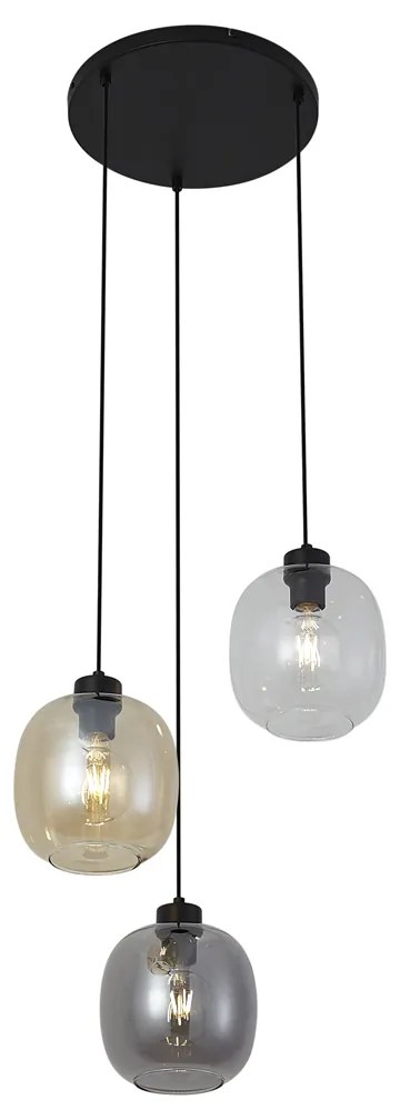 Висяща лампа черна с кехлибарено, димно и прозрачно стъкло 3 светлини - Елена