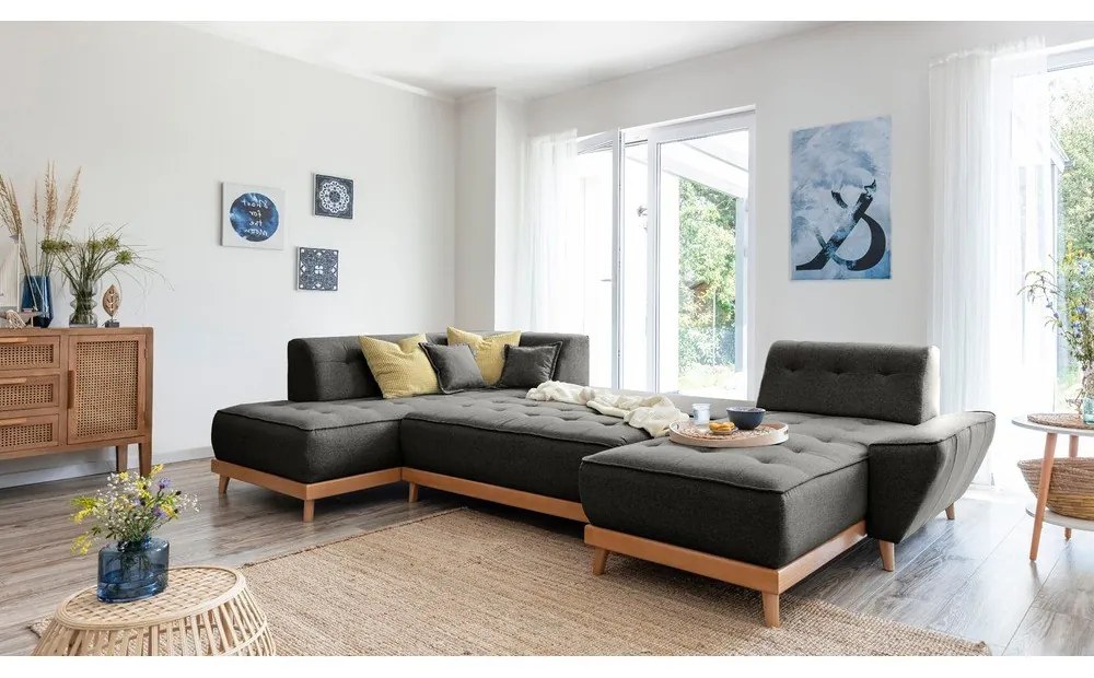 Тъмно сив U-образен разтегателен диван, ляв ъгъл Dazzling Daisy - Miuform