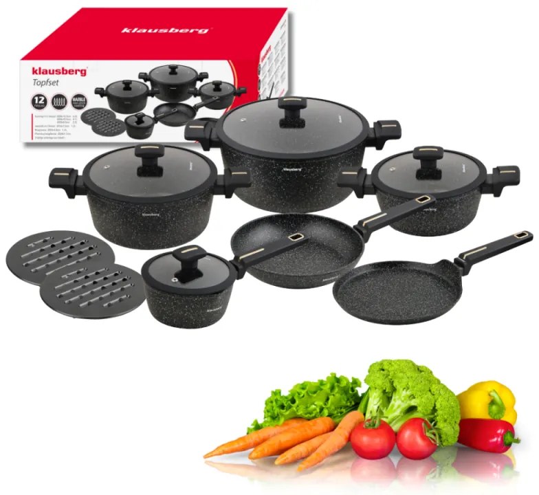 Комплект тенджери и тигани Klausberg KB 7966, 12 части, Отливка, Незалепващо мраморно покритие, Индукция, Черен