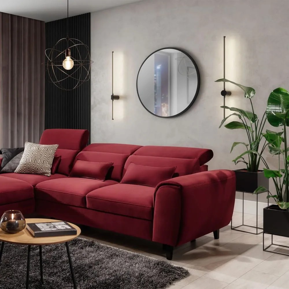 Червен кадифен разтегателен ъглов диван с място за съхранение (ляв ъгъл) Foble – ELTAP