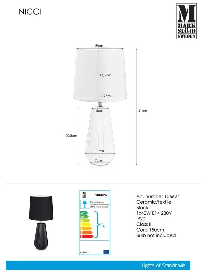 Черна настолна лампа , ø 19 cm Nicci - Markslöjd