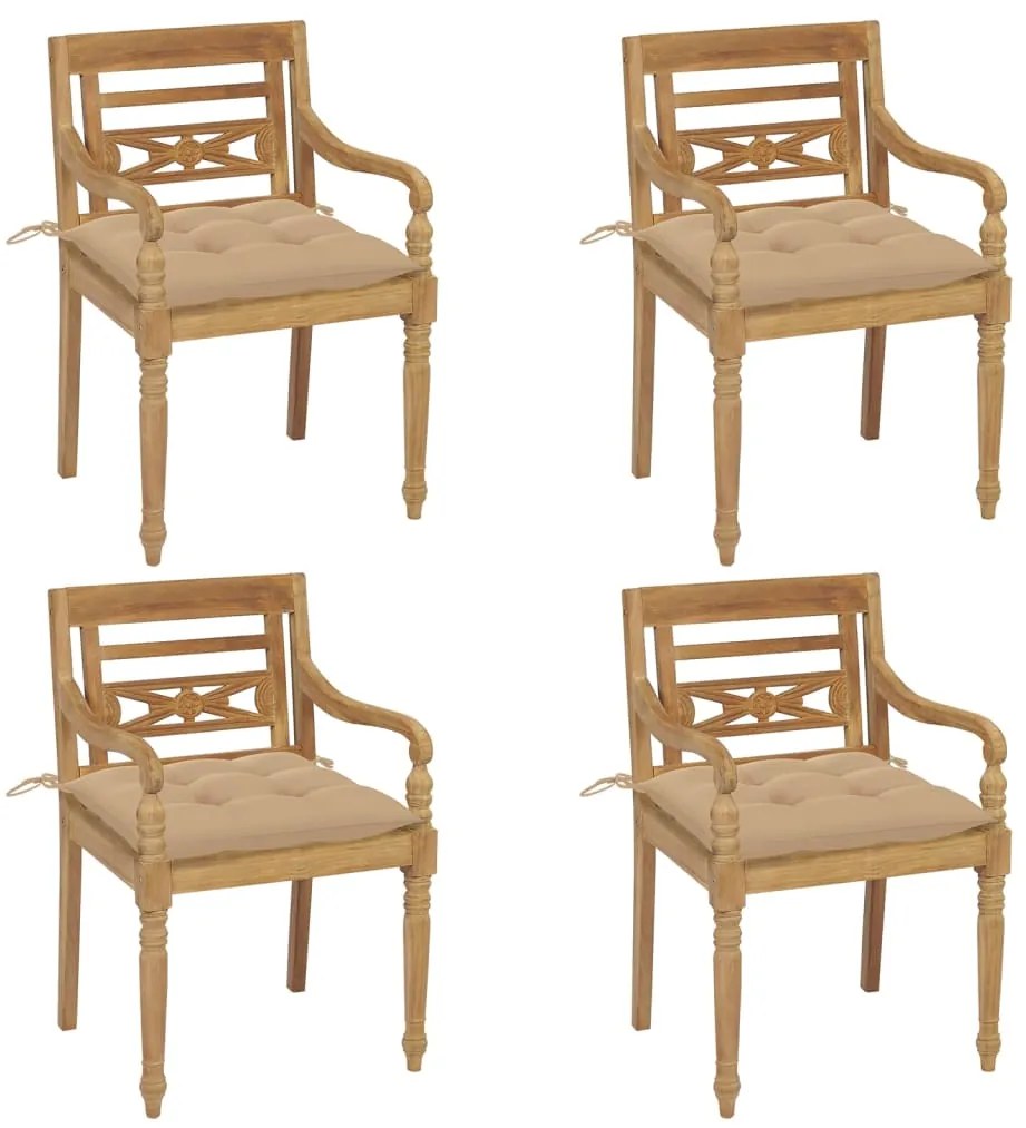 3073313 vidaXL Столове Батавия с възглавници, 4 бр, тиково дърво масив