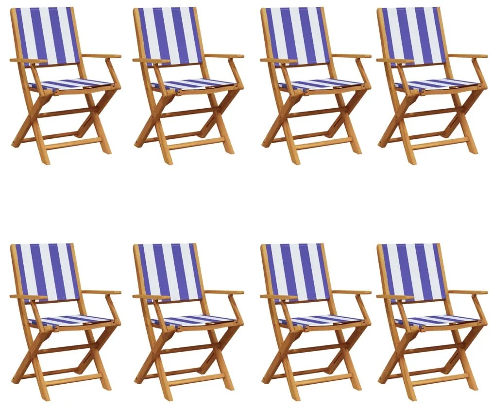 3214591 vidaXL Сгъваеми градински столове 8 бр синьо-бял плат и дърво масив