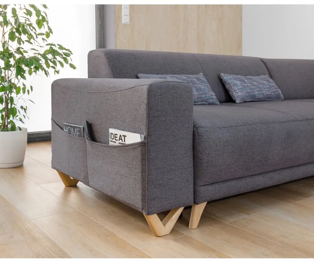 Сив разтегателен/с място за съхранение ъглов диван (десен ъгъл/L форма) Classy Sophie – Miuform