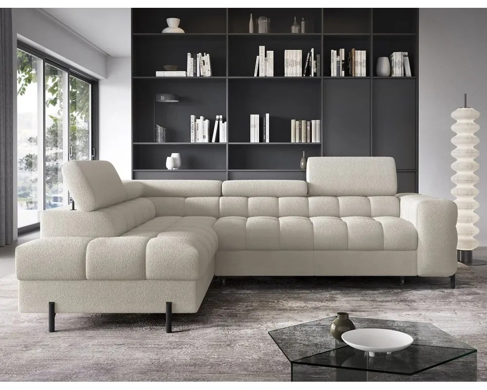 Кремав разтегателен ъглов диван с място за съхранение от букле (ляв ъгъл L форма) Ferucce – ELTAP