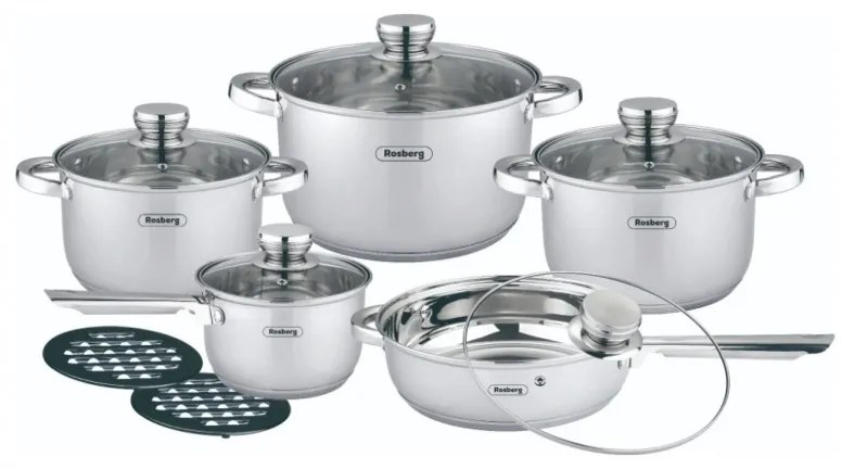 Комплект тенджери и тигани Rosberg R51210L12BM, 12 части, Многослойно дъно, Неръждаема стомана, Сребрист