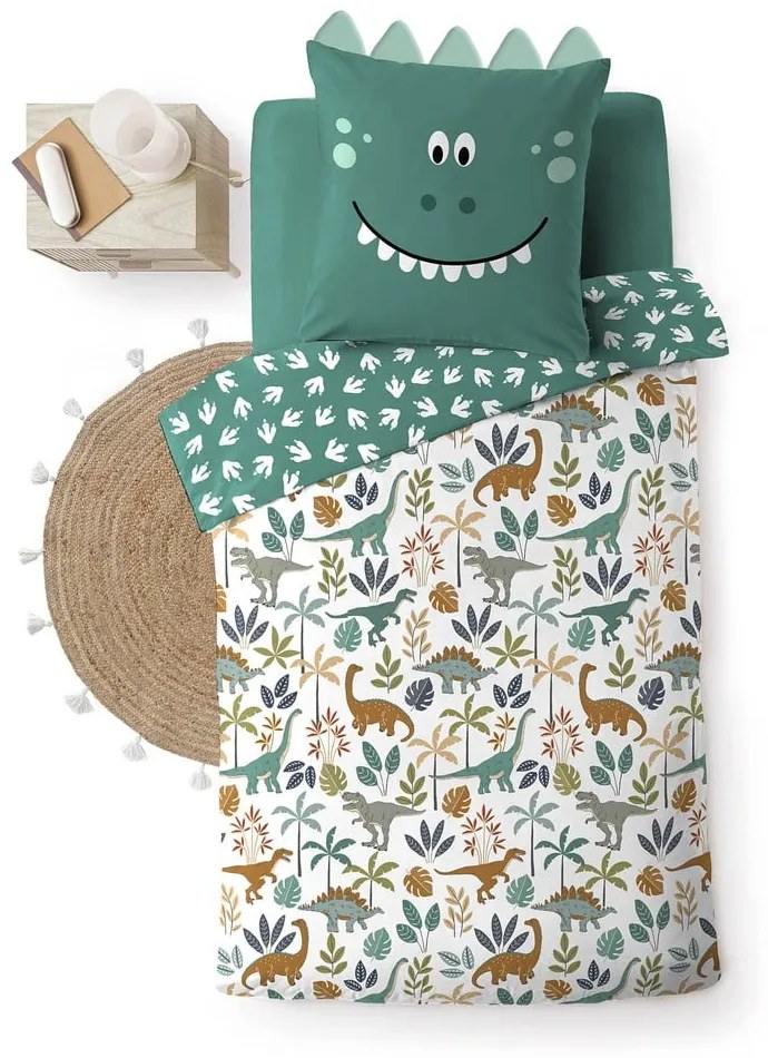 Бяло/зелено единично памучно детско спално бельо 140x200 cm Dina – douceur d'intérieur