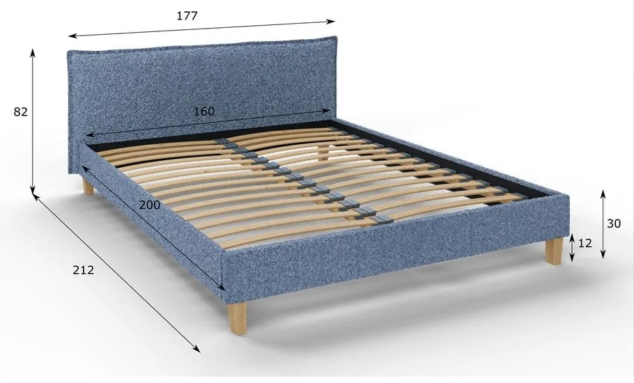 Синьо тапицирано двойно легло с решетка 160x200 cm Tina - Ropez