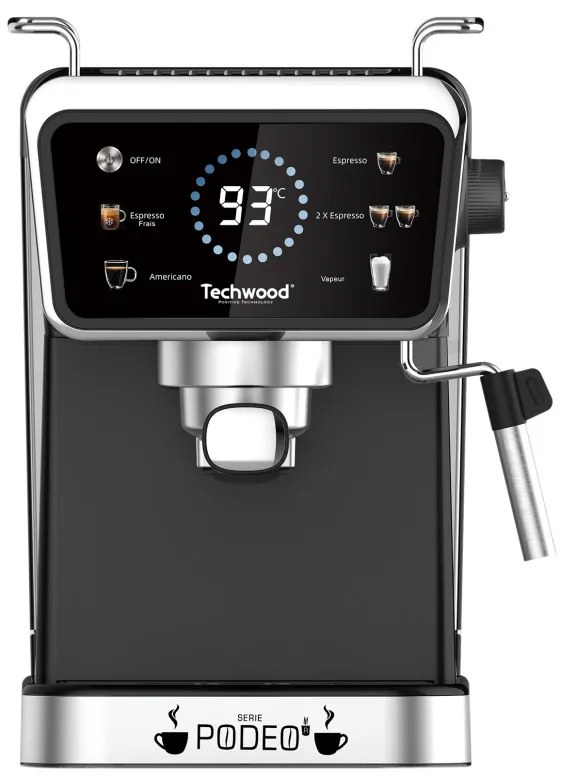 Еспресо машина Techwood TCA-1386EXN, 1350W, 20 bar, 1.5 л, 5 функции, Touch screen, Дюза за пара, Черен/Инокс