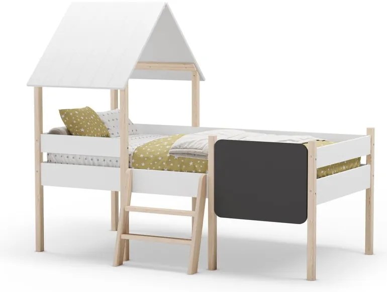 Бяло повдигнато детско легло тип къща от масивен бор 90x190 cm Mint – Marckeric