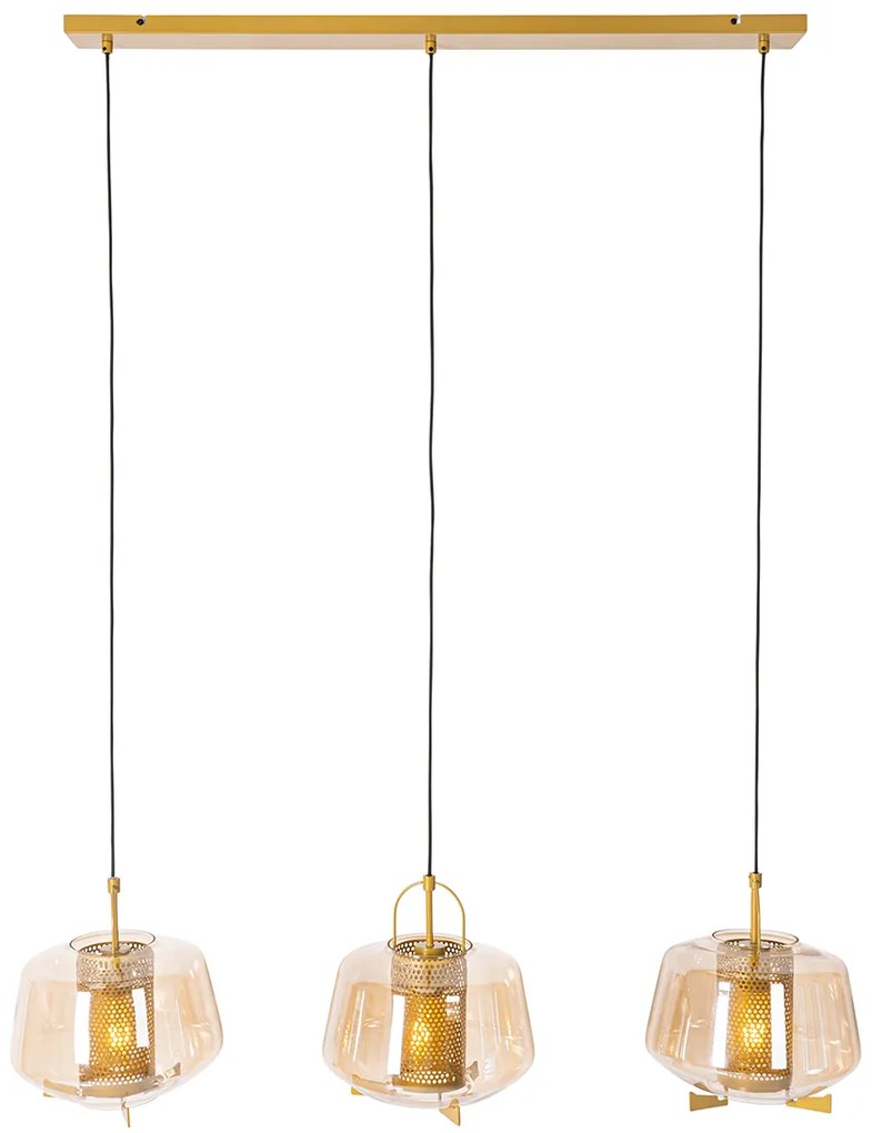 Висяща лампа златиста с кехлибарено стъкло 30 см овална 3-светлина - Kevin