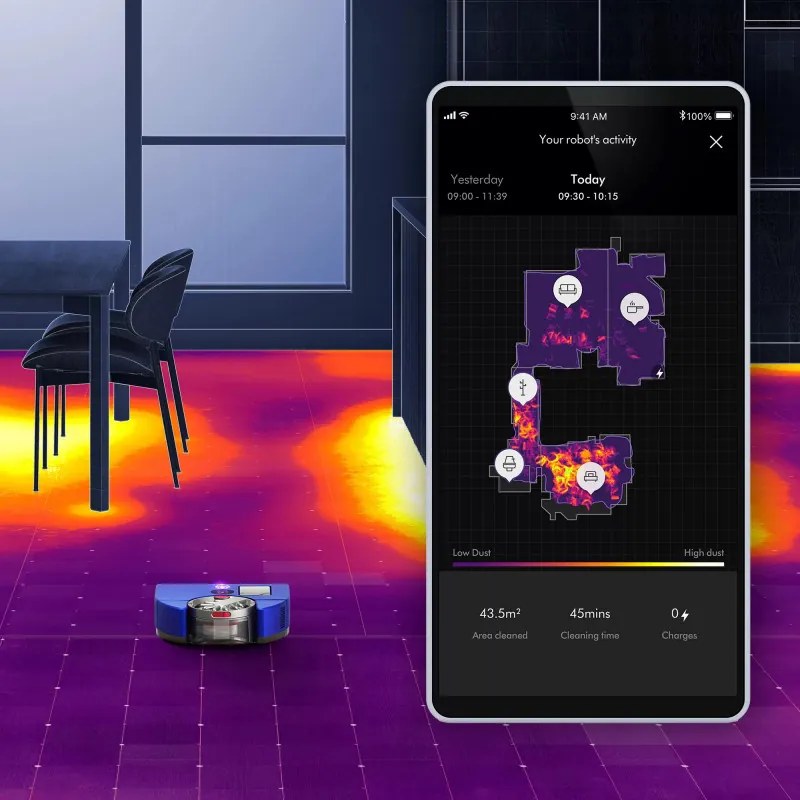 Прахосмукачка робот Dyson 360 Vis Nav, 65 AW, 22000 Pa, 110000 об/мин, 4 режима, 360° визуална навигация, Hyperdymium, Нисък профил, Син/никел