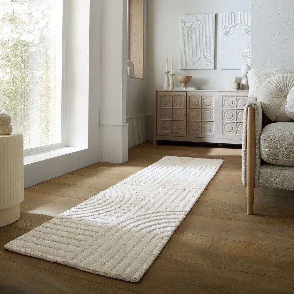 Ръчно изработена вълнена пътека в цвят слонова кост 60x230 cm Zen Garden – Flair Rugs