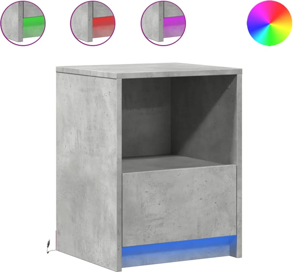 852025 vidaXL Нощно шкафче с LED осветление, бетонно сив, инженерно дърво
