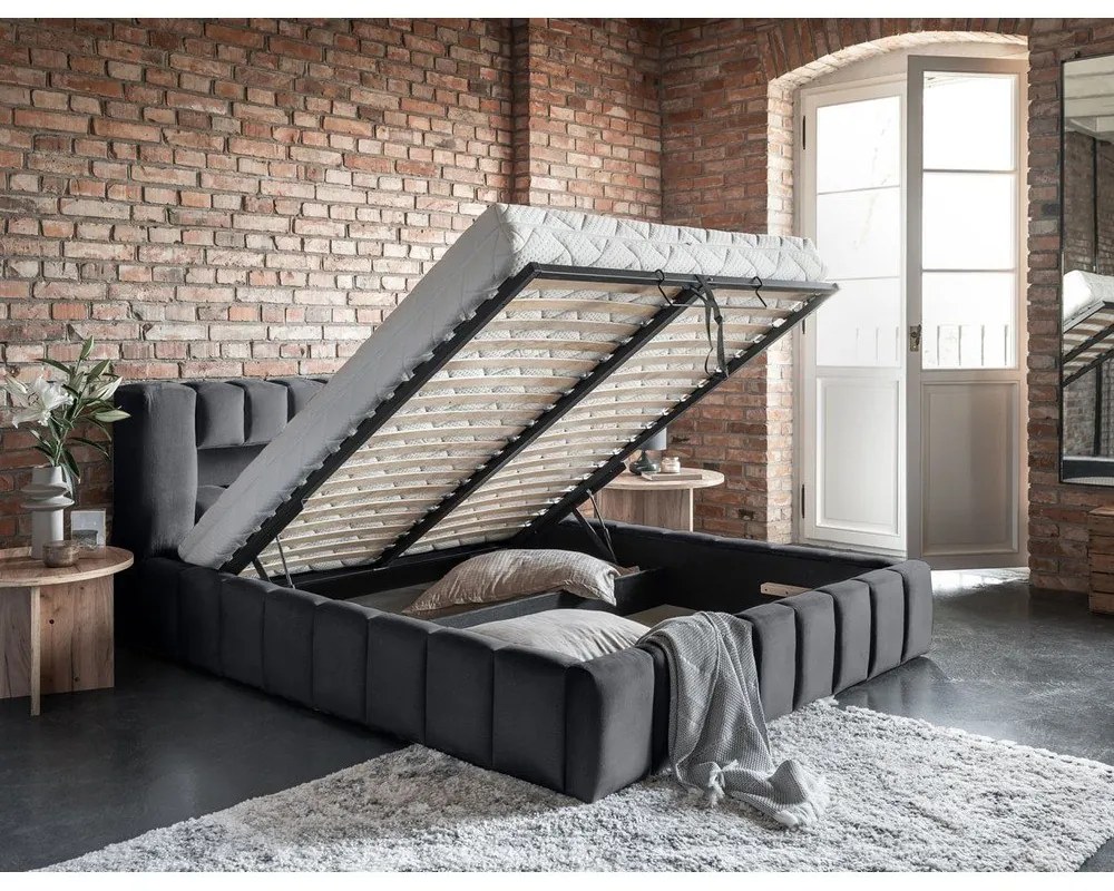 Сиво двойно легло 180x200 cm тапицирано с място за съхранение с включена подматрачна рамка Lamica – ELTAP