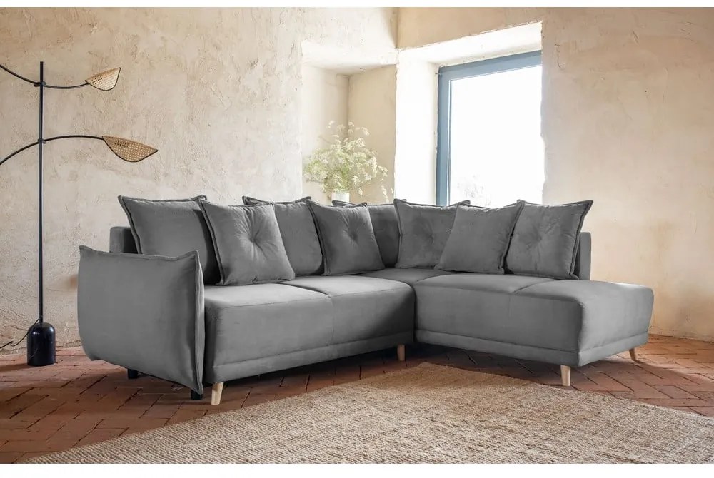 Сив велурен разтегателен диван (десен ъгъл) Lazy Lukka - Miuform