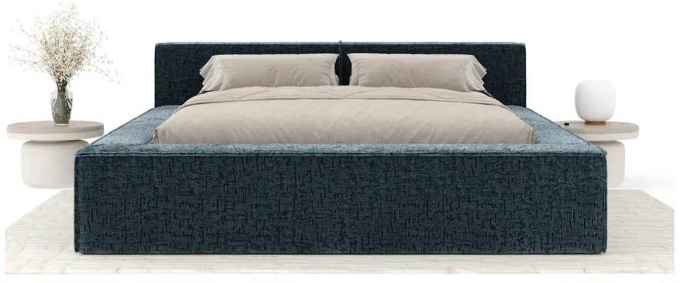 Сиво-синьо двойно легло 180x200 cm тапицирано с място за съхранение с включена подматрачна рамка Voliera – Maison de Rêve