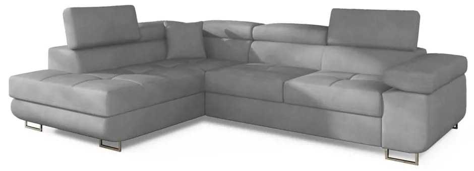 Светлосив кадифен разтегателен ъглов диван с място за съхранение (ляв ъгъл L форма) Anton – ELTAP
