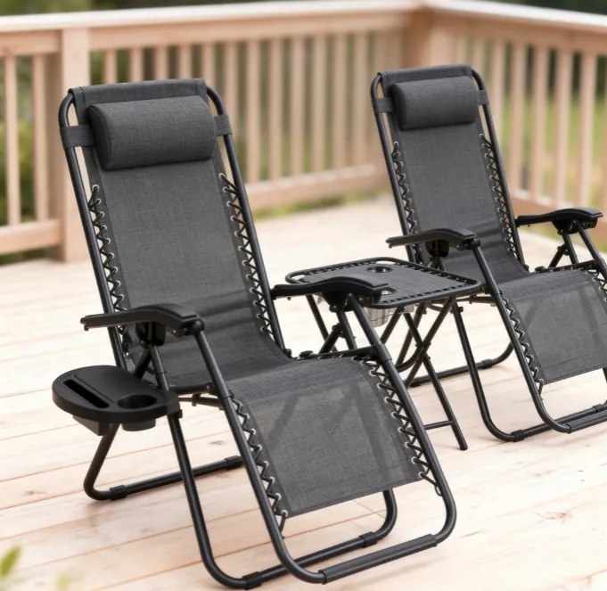 Комплект от 2 накланящи се градински стола с маса - сив