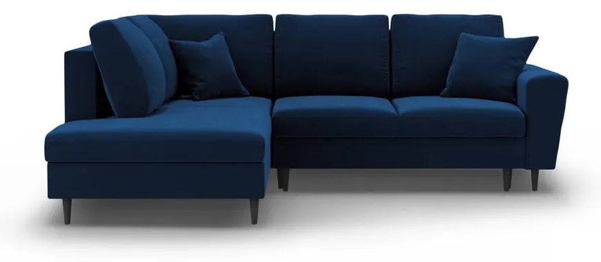 Син кадифен разтегателен ъглов диван с място за съхранение (ляв ъгъл/L форма) Kyoto – Cosmopolitan Design