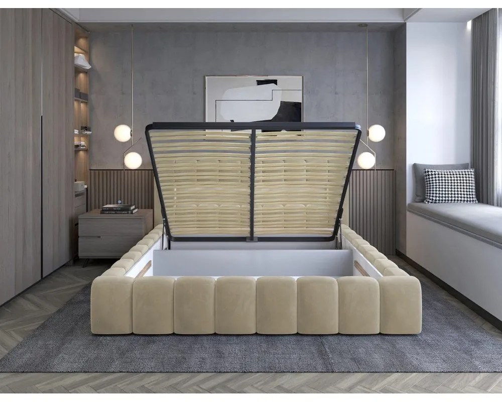 Бежово двойно легло 140x200 cm тапицирано с място за съхранение с включена подматрачна рамка Lamica – ELTAP
