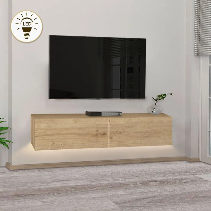 Аристо меламинов стенен ТВ шкаф с LED осветление в сапфирен дъб 135x31.6x25см.