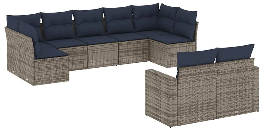 3219411 vidaXL Градински диван с възглавници, 9 части, полиратан, сив