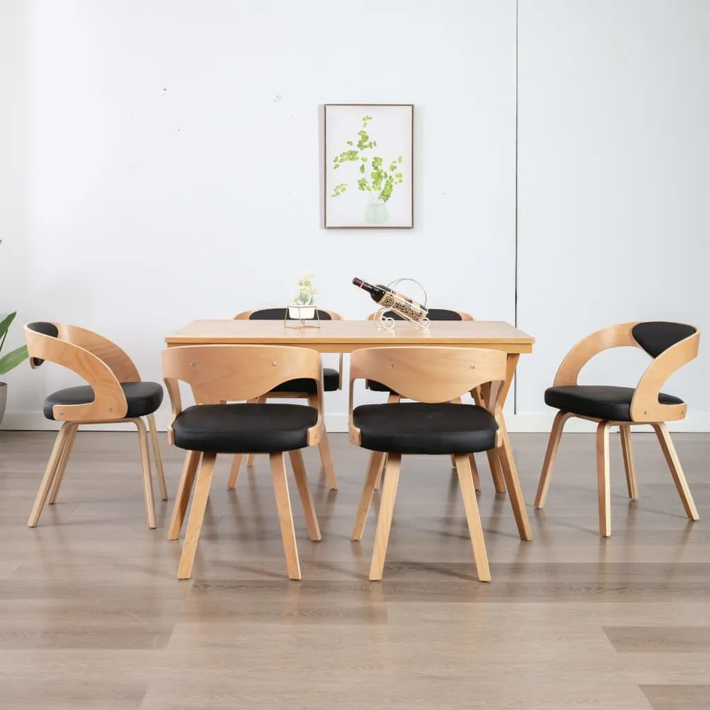 278847 vidaXL Трапезни столове, 6 бр, черни, извито дърво и изкуствена кожа