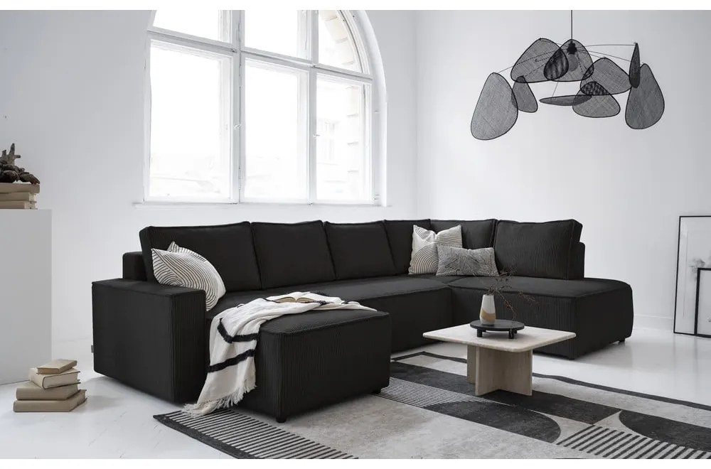 Антрацитен разтегателен ъглов диван от рипсено кадифе (десен ъгъл/"U" форма) Brave Dave – Miuform