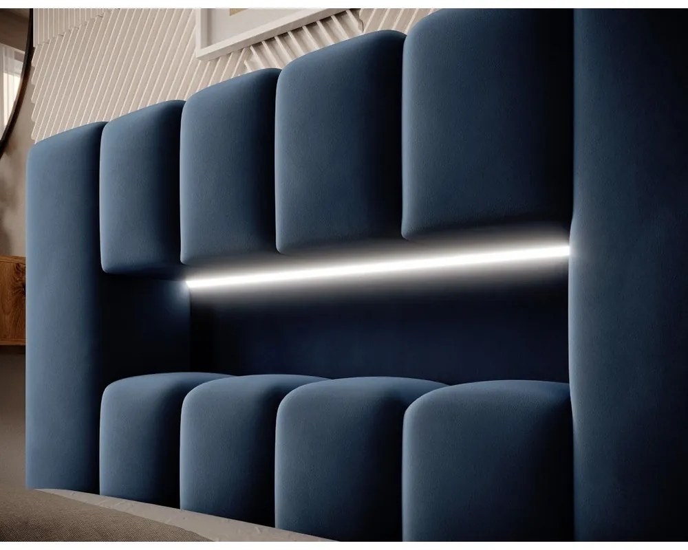 Тъмносиньо единично тапицирано легло с място за съхранение и включена подматрачна рамка 90x200 cm Lamica – ELTAP