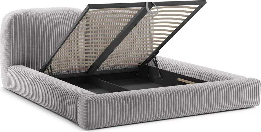 Светлосиво двойно легло 200x200 cm тапицирано с място за съхранение с включена подматрачна рамка Martina – Micadoni