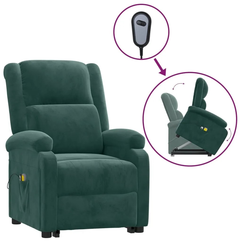 3124838 vidaXL Изправящ масажен стол, тъмнозелен, кадифе