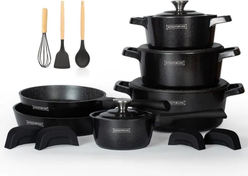 Комплект тенджери и тигани Royalty Line Premium RL-OS1014B, 17 ч, Отливка, Greblon мраморно покритие, Индукция, Черен