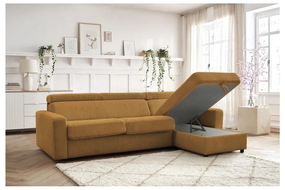 Разтегателен ъглов диван от рипсено кадифе в цвят горчица (променлив) Monaco – Bobochic Paris
