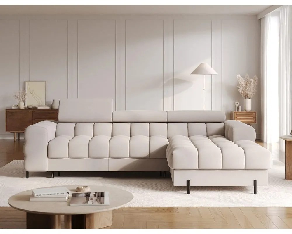 Бежов кадифен сгъваем/с място за съхранение ъглов диван (десен ъгъл) Felro – ELTAP