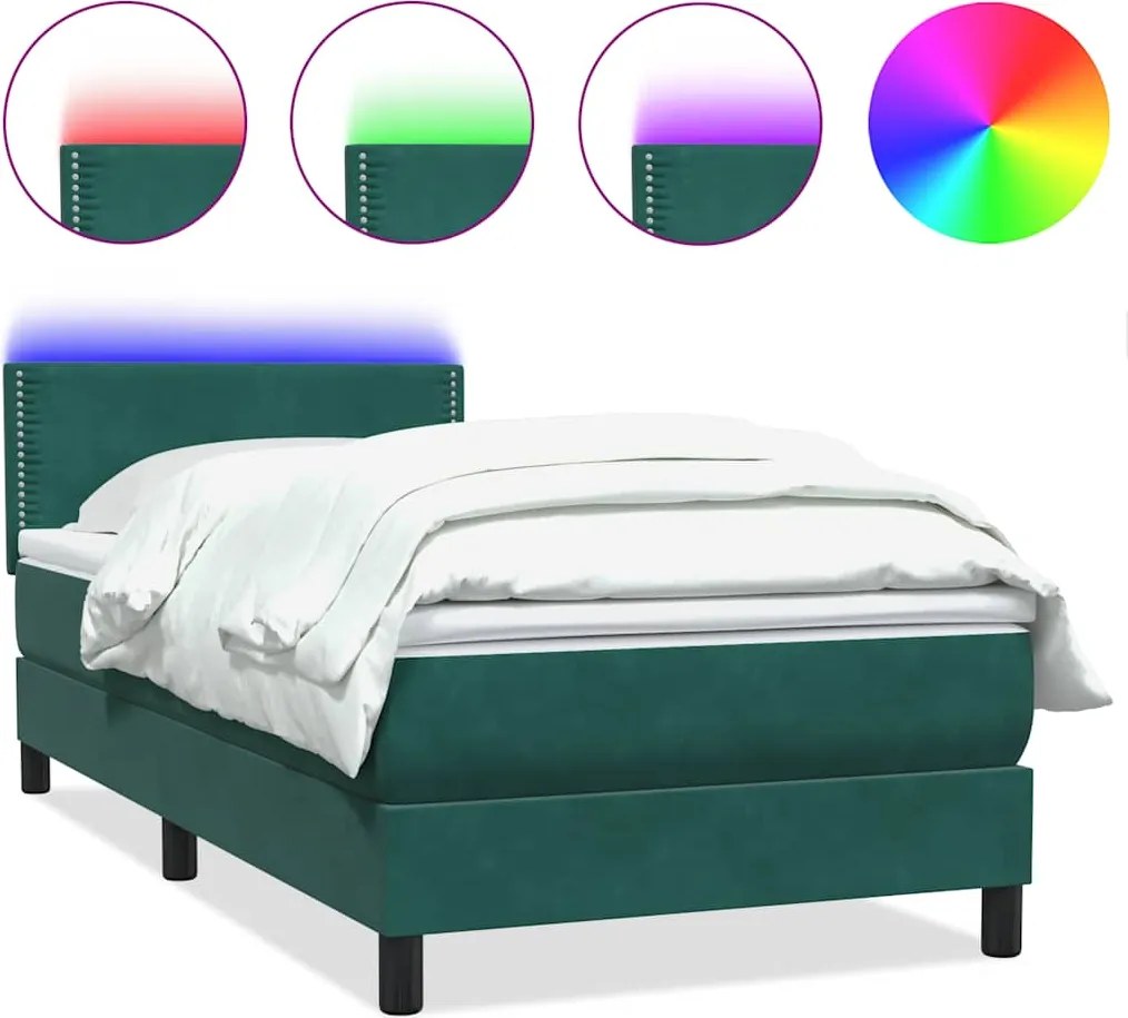 3316812 vidaXL Боксспринг легло с матрак и LED, тъмнозелено, 80x220 см, кадифе