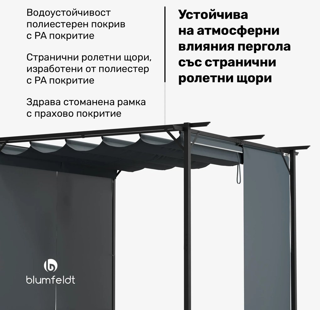 Blumfeldt Pantheon Robust Pergola, 3x3 м стомана с прахово покритие, устойчива на атмосферни влияния със странични ролети