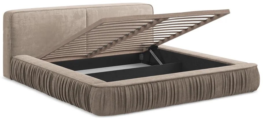 Бежово тапицирано двойно легло с място за съхранение и решетка 160x200 cm Keoni - Makamii