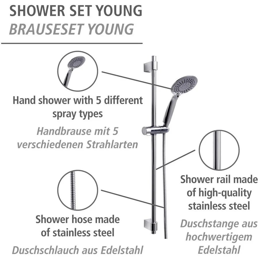 Душ комплект от неръждаема стомана в блестящо сребро 66 cm Young - Wenko