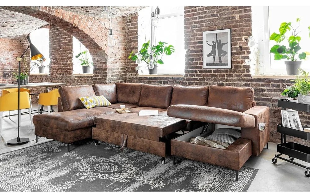 Кафяв U-образен разтегателен диван с имитация на кожа Vintage, ляв ъгъл Lofty Lilly - Miuform