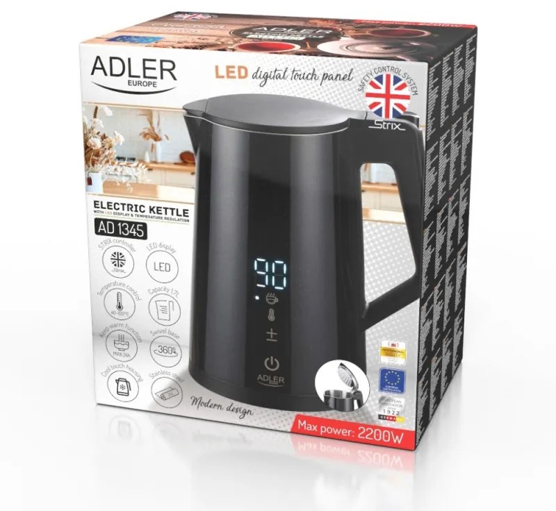 Електрическа кана Adler AD 1345, Дигитална, 40-100 C, 2200W, 1.7L, STRIX, Черен