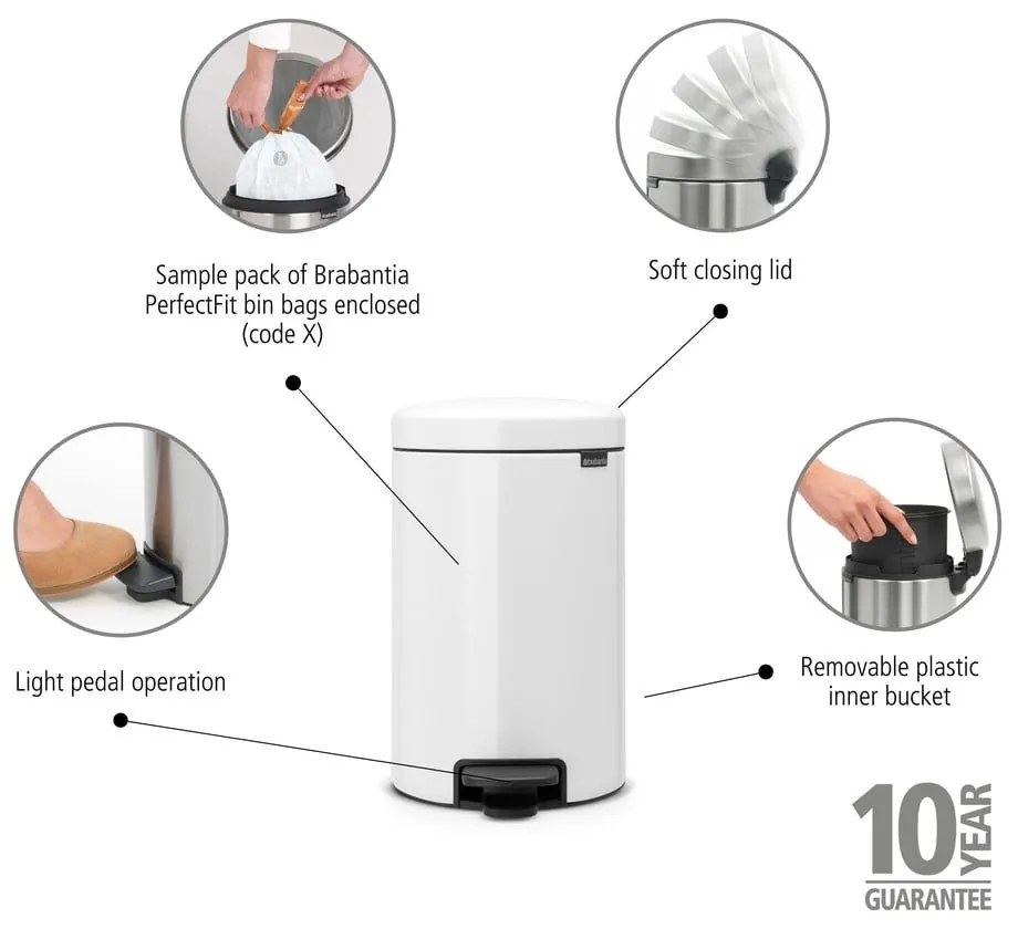 Бяло стоманено кошче за боклук с педал 12 l NewIcon – Brabantia