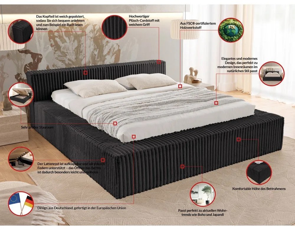 Черно двойно тапицирано легло с място за съхранение и включена подматрачна рамка 140x200 cm Cloe – Ropez