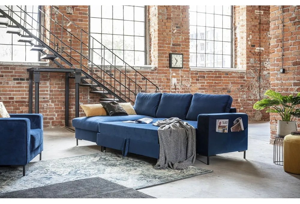 Морскосиньо кадифено ъглов диван, ляв ъгъл Lofty Lilly - Miuform