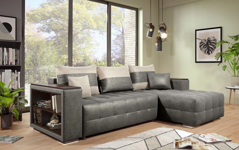 Разтегателен ъглов диван с подлакътник етажерка Мелвин S