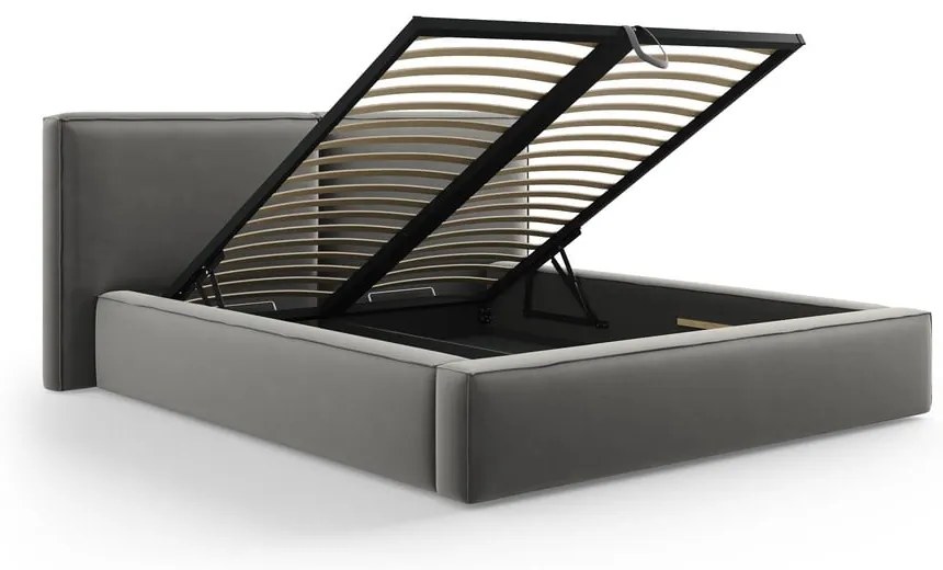 Сиво тапицирано кадифено двойно легло с място за съхранение с включена подматрачна рамка 180x200 cm Arendal – Cosmopolitan Design