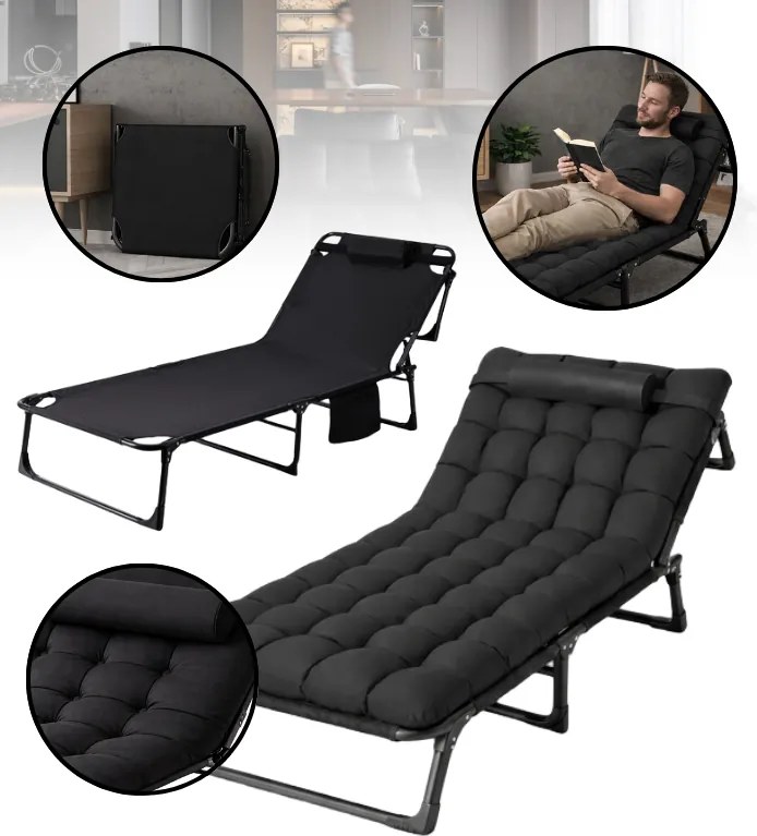 Черно туристическо легло, къмпинг шезлонг 180 см с възглавница и облегалка за глава