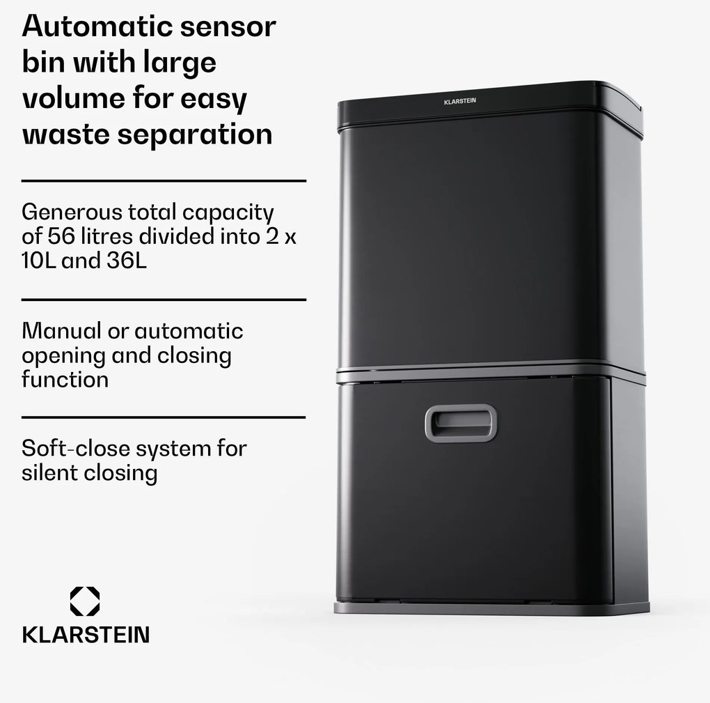 Klarstein Touchless, сензорен кош за отпадъци, 56 л, неръждаема стомана, плавно затваряне, захранване с батерии, LED дисплей, таймер
